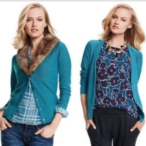 CAbi Teal Cardigan with Detachable Faux Fur Collar